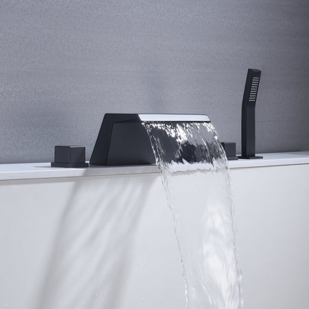 Waterfall Tub Filler Bathtub Faucet Matte Black 5-Hole 3-Handle Solid Brass Bathroom Bath Tub Faucets Mixer Tap with Hand Shower - wonderland shower inc