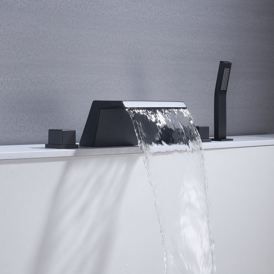 Waterfall Tub Filler Bathtub Faucet Matte Black 5-Hole 3-Handle Solid Brass Bathroom Bath Tub Faucets Mixer Tap with Hand Shower - wonderland shower inc
