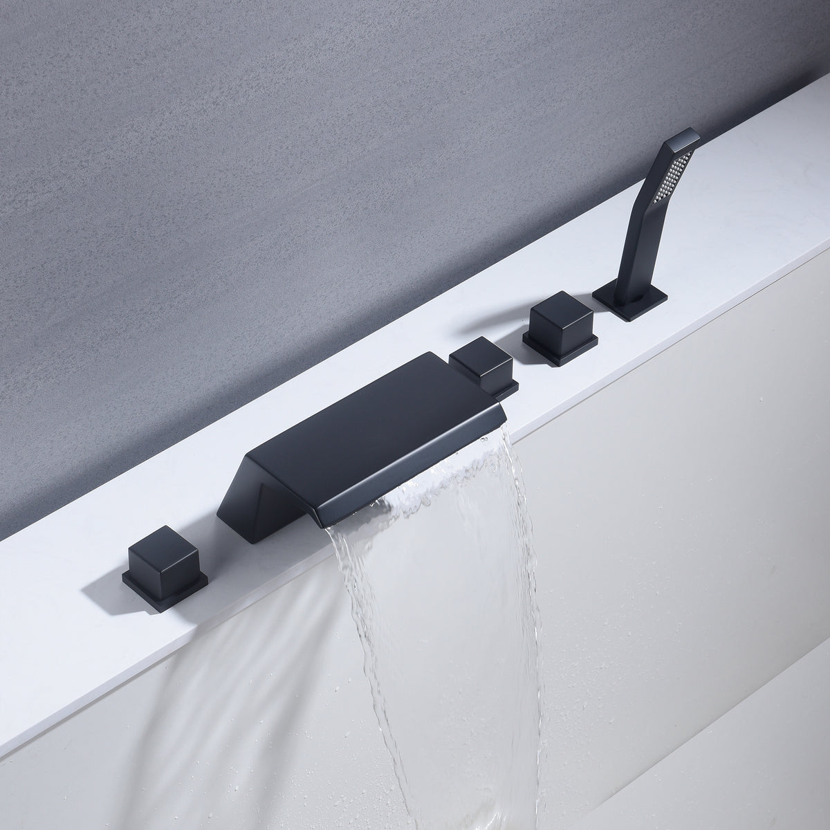 Waterfall Tub Filler Bathtub Faucet Matte Black 5-Hole 3-Handle Solid Brass Bathroom Bath Tub Faucets Mixer Tap with Hand Shower - wonderland shower inc