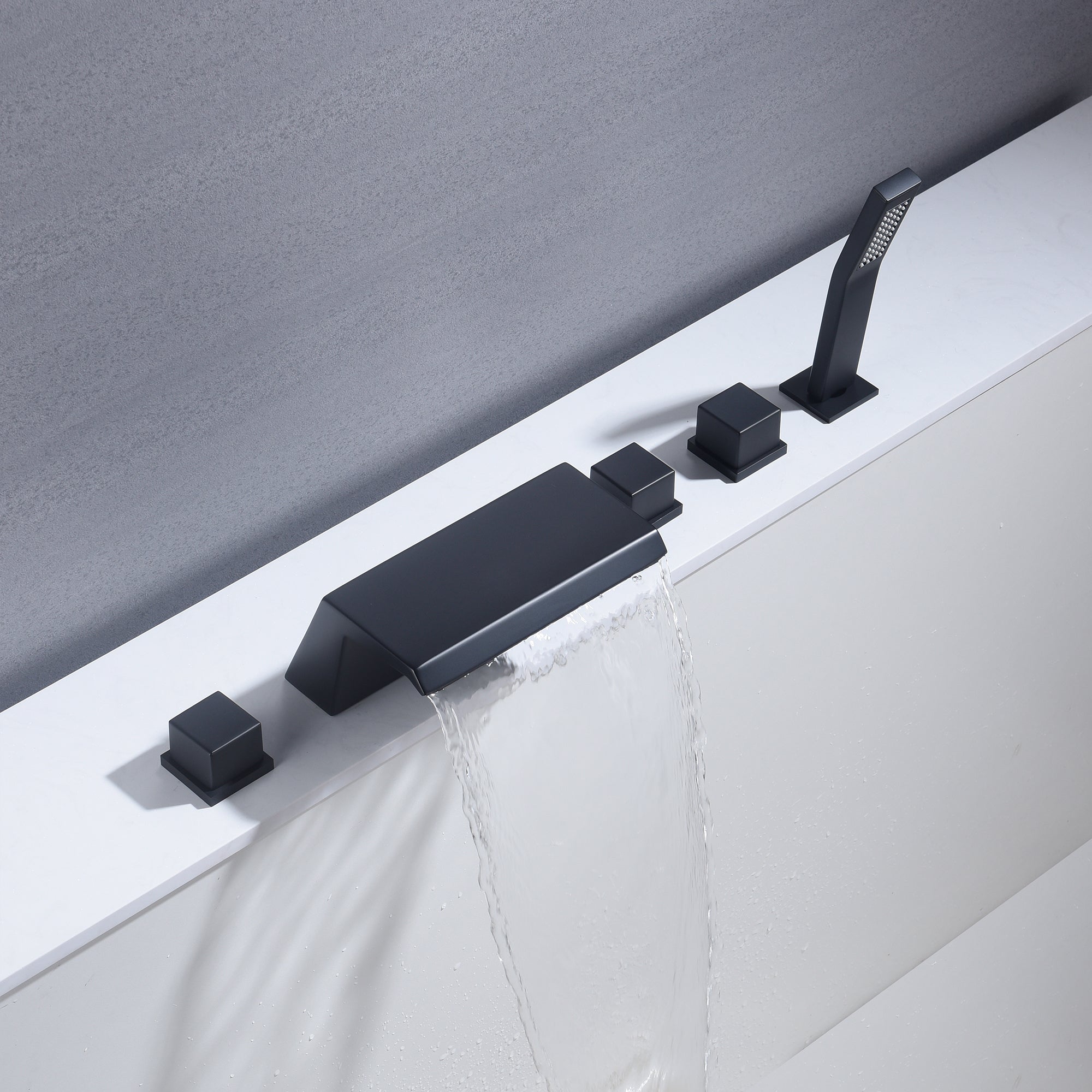 Waterfall Tub Filler Bathtub Faucet Matte Black 5-Hole 3-Handle Solid Brass Bathroom Bath Tub Faucets Mixer Tap with Hand Shower - wonderland shower inc