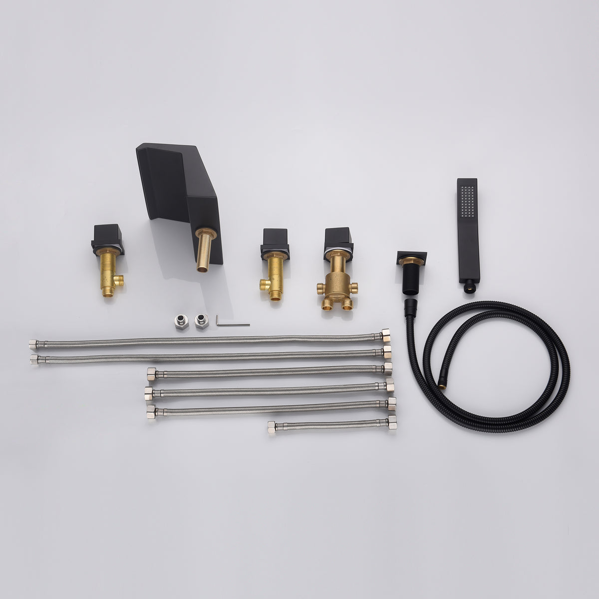 Waterfall Tub Filler Bathtub Faucet Matte Black 5-Hole 3-Handle Solid Brass Bathroom Bath Tub Faucets Mixer Tap with Hand Shower - wonderland shower inc