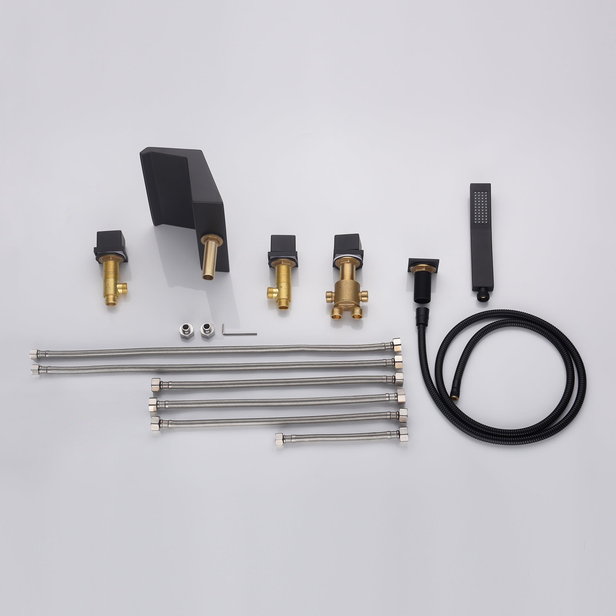 Waterfall Tub Filler Bathtub Faucet Matte Black 5-Hole 3-Handle Solid Brass Bathroom Bath Tub Faucets Mixer Tap with Hand Shower - wonderland shower inc