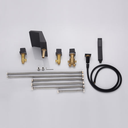 Waterfall Tub Filler Bathtub Faucet Matte Black 5-Hole 3-Handle Solid Brass Bathroom Bath Tub Faucets Mixer Tap with Hand Shower - wonderland shower inc