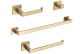 Square 4-Piece Stainless Steel Brushed Gold Bathroom Hardware Set - Towel Bar, Towel Ring, Toilet Paper Holder, Robe Hook, and Tower Holder - Wall Mounted