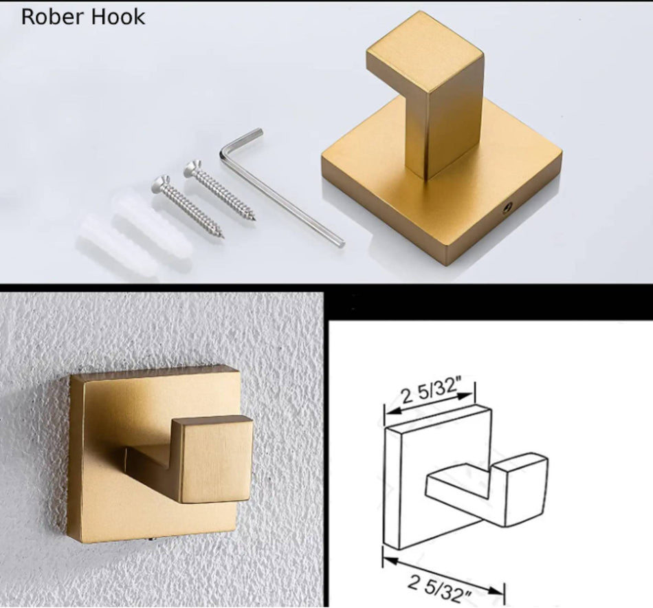 Square 4-Piece Stainless Steel Brushed Gold Bathroom Hardware Set - Towel Bar, Towel Ring, Toilet Paper Holder, Robe Hook, and Tower Holder - Wall Mounted