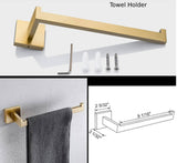 Square 4-Piece Stainless Steel Brushed Gold Bathroom Hardware Set - Towel Bar, Towel Ring, Toilet Paper Holder, Robe Hook, and Tower Holder - Wall Mounted