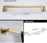 Square 4-Piece Stainless Steel Brushed Gold Bathroom Hardware Set - Towel Bar, Towel Ring, Toilet Paper Holder, Robe Hook, and Tower Holder - Wall Mounted