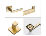 Square 4-Piece Stainless Steel Brushed Gold Bathroom Hardware Set - Towel Bar, Towel Ring, Toilet Paper Holder, Robe Hook, and Tower Holder - Wall Mounted