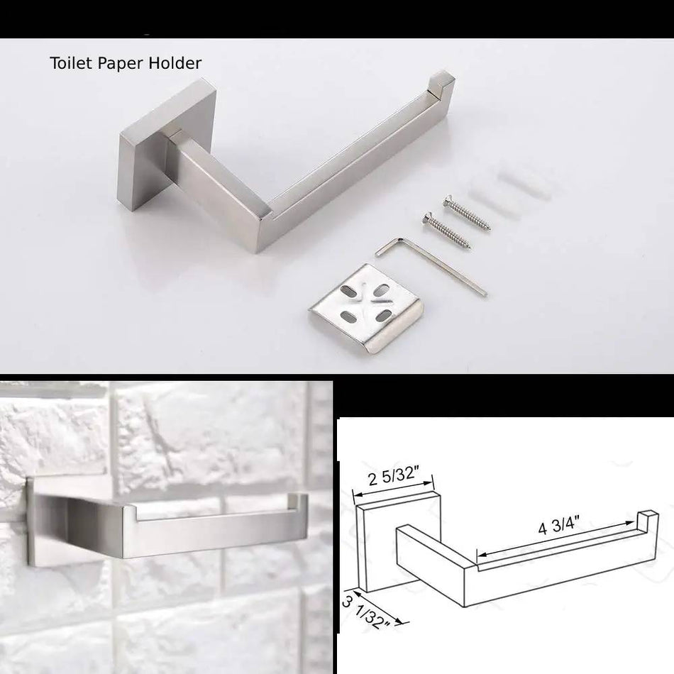 Luxurious 4-Piece Squre Brushed Nickel Bathroom Hardware Set: Towel Bar, Towel Ring, Toilet Paper Holder, Robe Hook, and Tower Holder - Wall Mounted