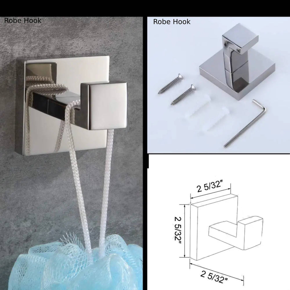 Complete 4-Piece Square Stainless Chrome Bathroom Accessory Set - Wall Mounted Towel Bar, Towel Ring, Toilet Paper Holder, and Robe Hook