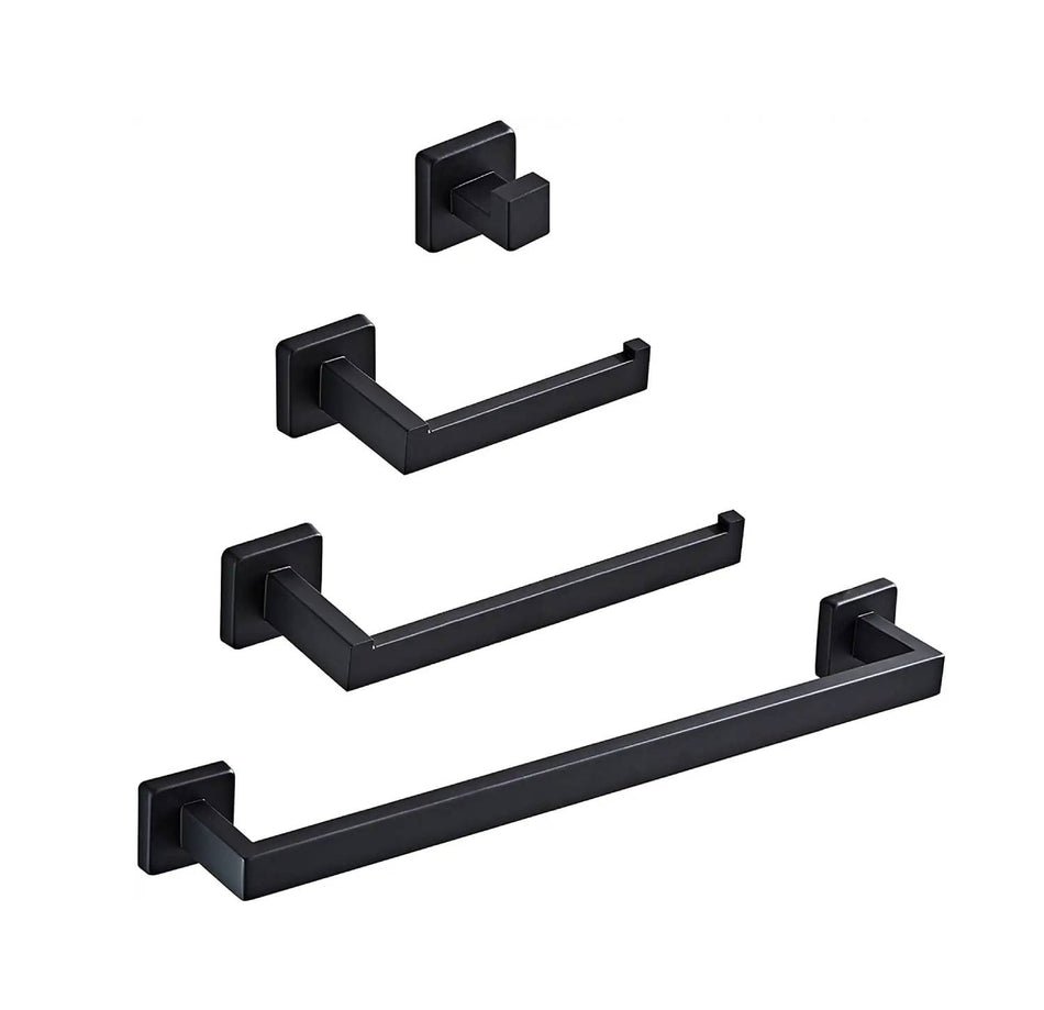 Luxurious 4-Piece Stainless Square Matte Black Bathroom Hardware Set: Towel Bar, Towel Ring, Toilet Paper Holder, Robe Hook, and Tower Holder - Wall Mounted