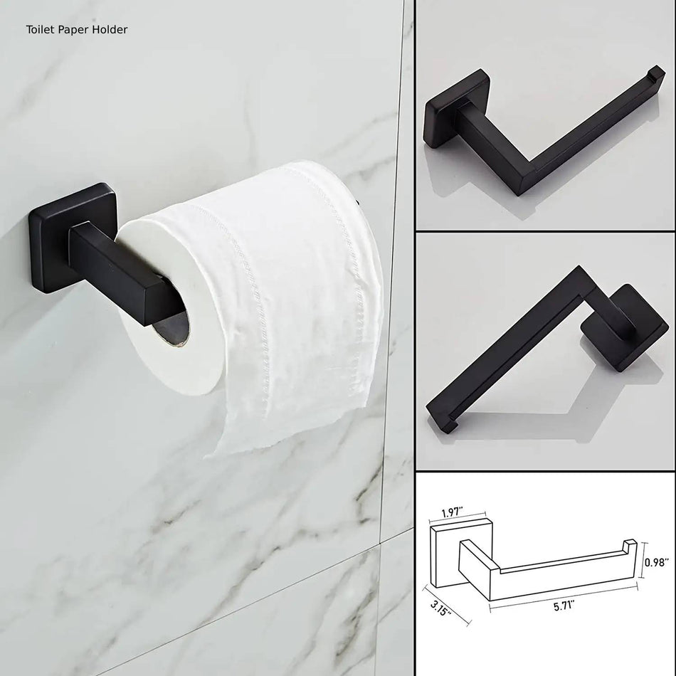 Luxurious 4-Piece Stainless Square Matte Black Bathroom Hardware Set: Towel Bar, Towel Ring, Toilet Paper Holder, Robe Hook, and Tower Holder - Wall Mounted