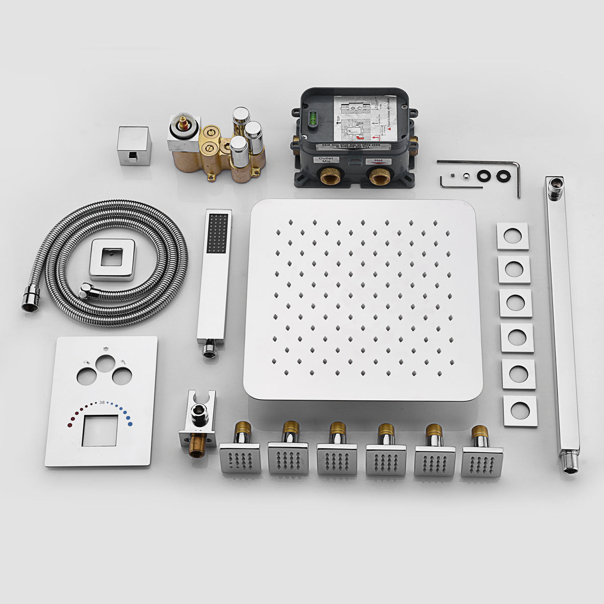 12inch or 16 inch Chrome 3 colors LED light 3 way Thermostaic Shower valve systems with 6 body jets that each function run at the same time and separately - wonderland shower inc