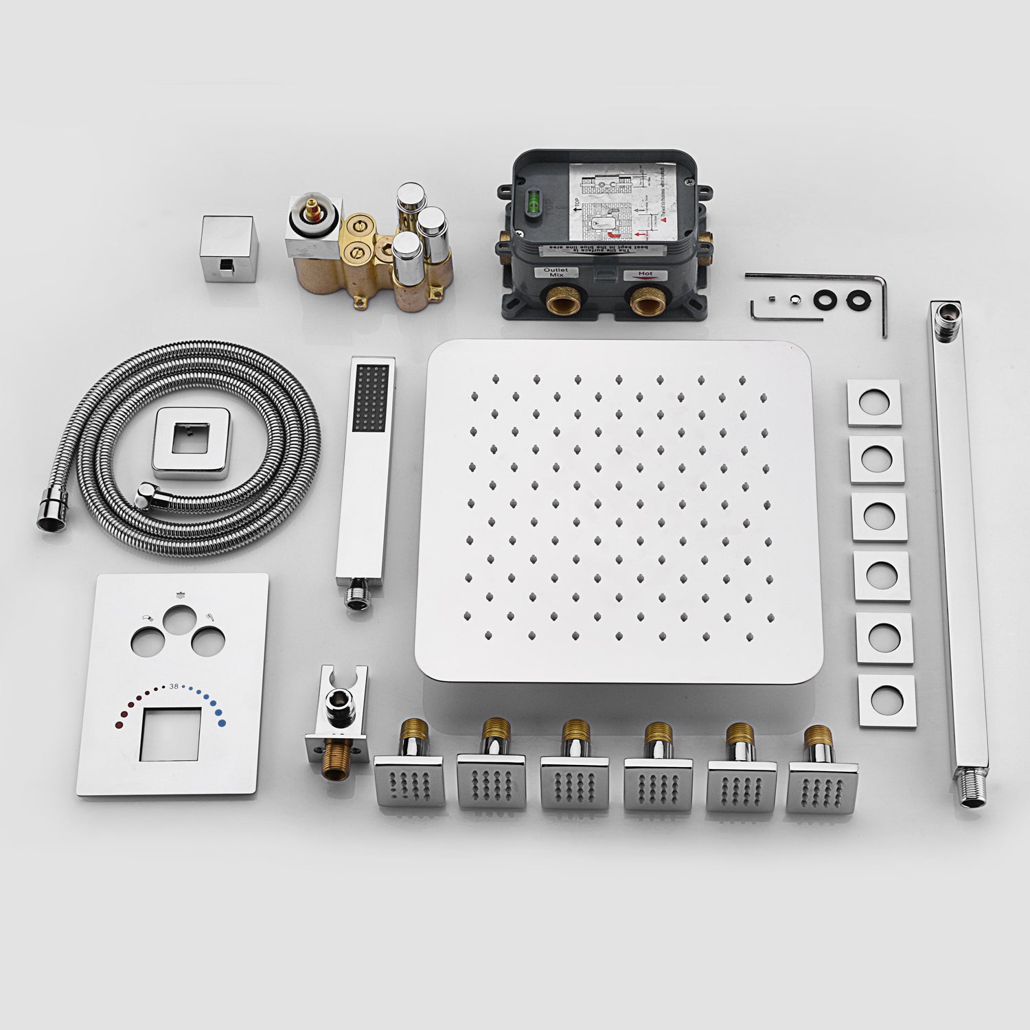 12inch or 16 inch Chrome 3 colors LED light 3 way Thermostaic Shower valve systems with 6 body jets that each function run at the same time and separately - wonderland shower inc