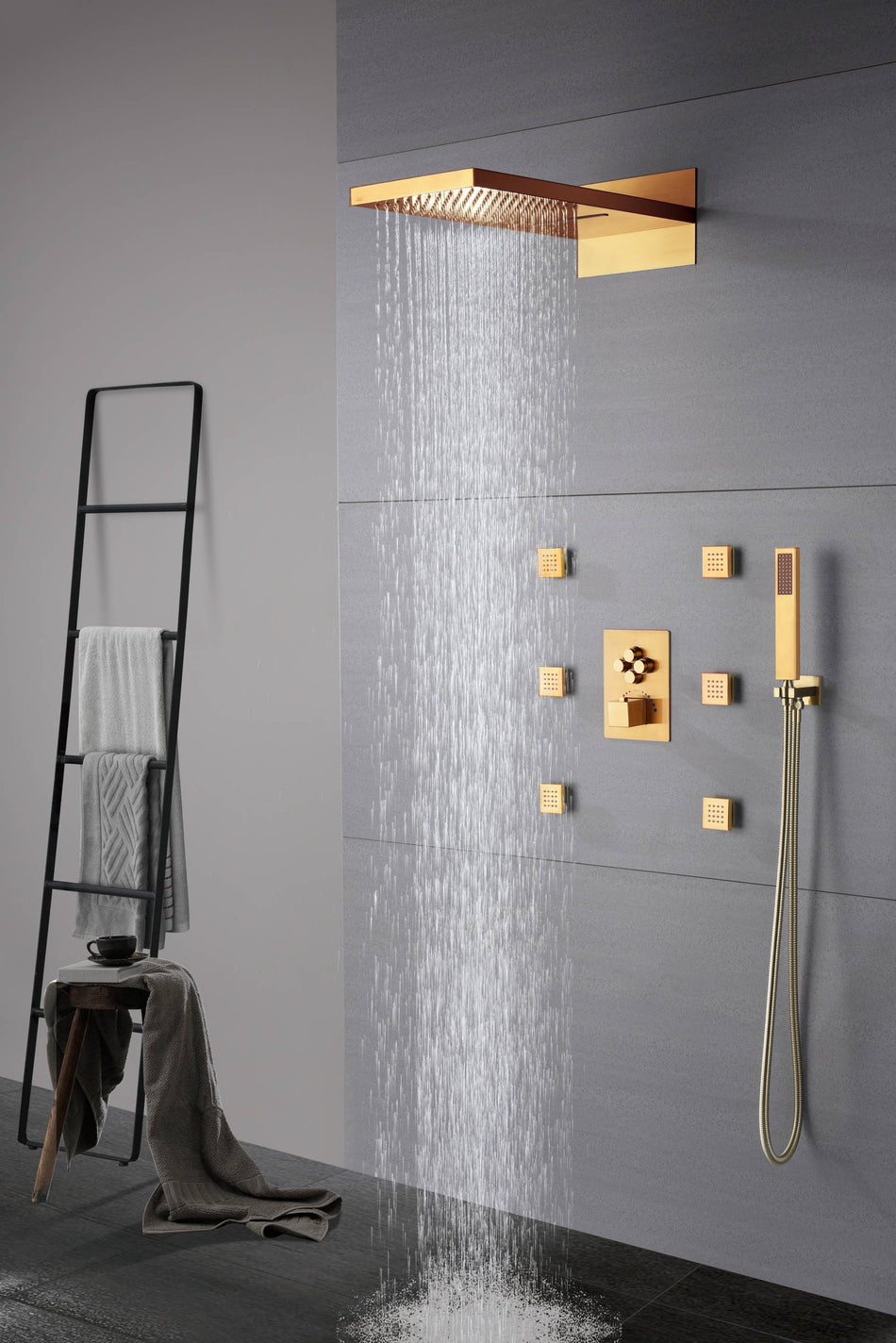 22inch rainfall waterfall Polished gold 4 way Thermostatic Shower valve system that each function run all together and separately