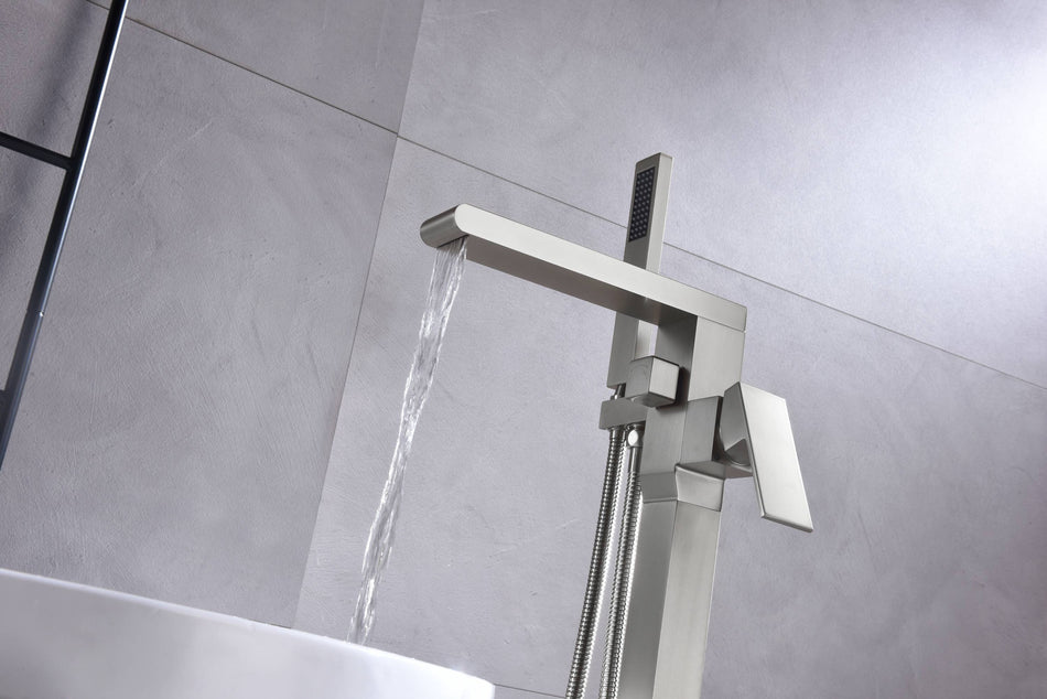 Waterfall pressure balance Freestanding Bathtub Faucet Tub Filler Brushed Nickel Waterfall Floor Mount