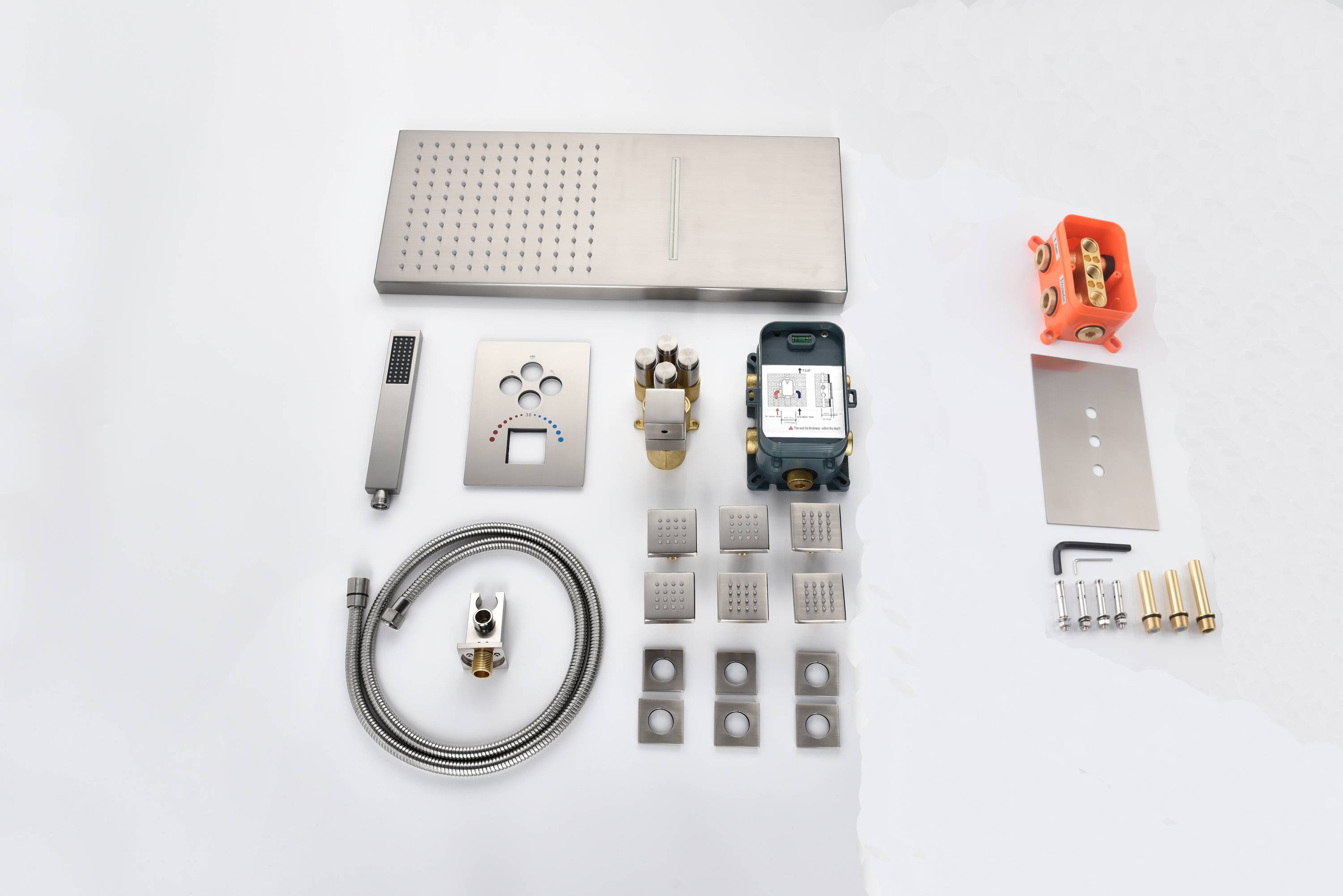 22'' Brushed Nickel 4 Way Thermostatic Shower Faucet Waterfall & Rain Massage Body Jet Spray - wonderland shower inc