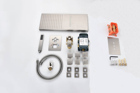 22'' Brushed Nickel 4 Way Thermostatic Shower Faucet Waterfall & Rain Massage Body Jet Spray - wonderland shower inc