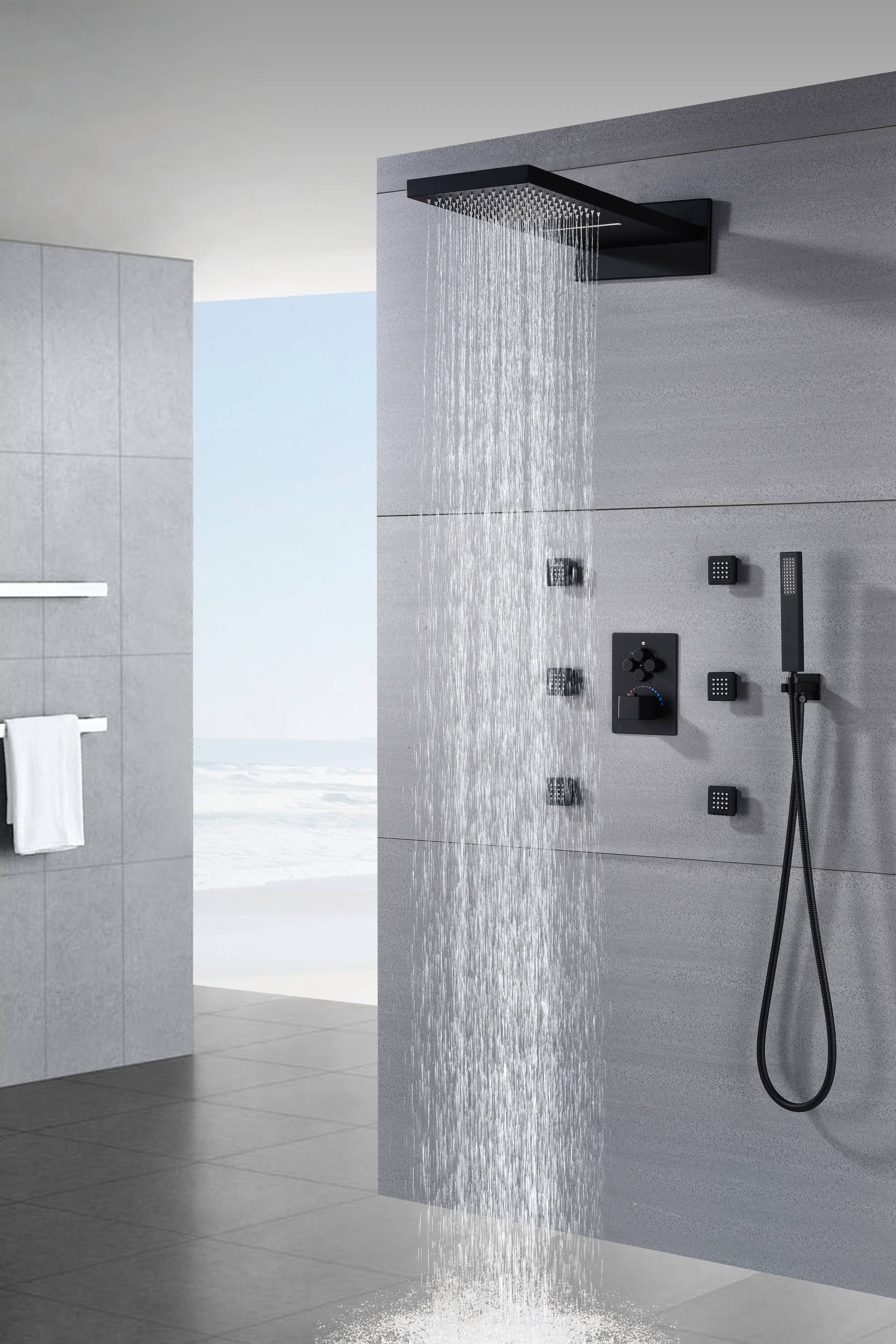 22'' Matte Black 4 way Thermostatic Shower valve system that each function run at the same time and separately - wonderland shower inc