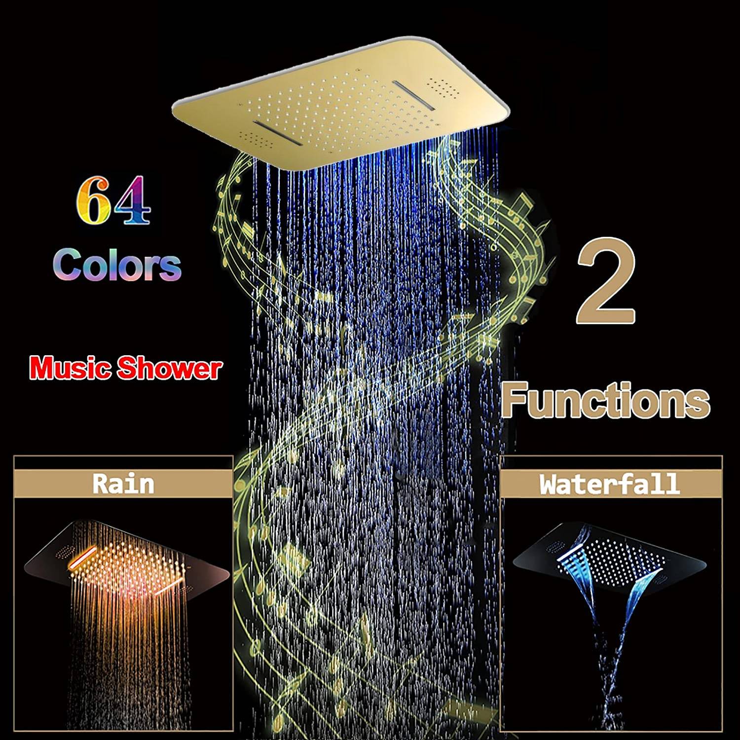 Elegant Gold 23x15 inch LED Music Shower Head with 4-Way Thermostatic Valve for Simultaneous and Independent Operation - wonderland shower inc