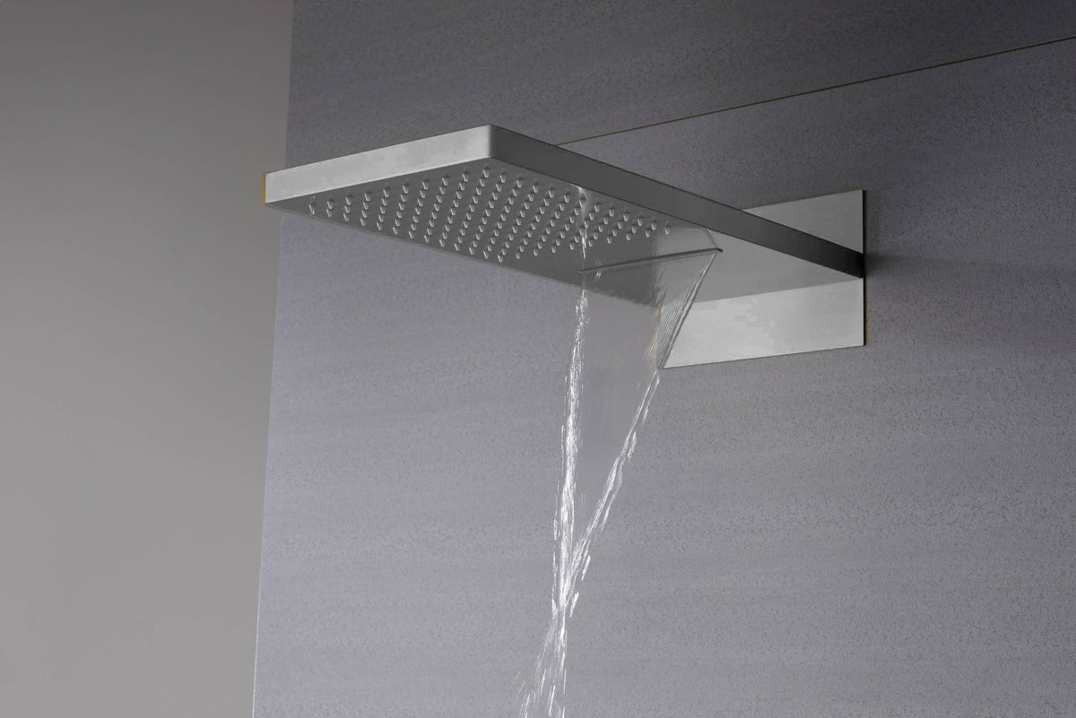 22'' Brushed Nickel 4 Way Thermostatic Shower Faucet Waterfall & Rain Massage Body Jet Spray - wonderland shower inc