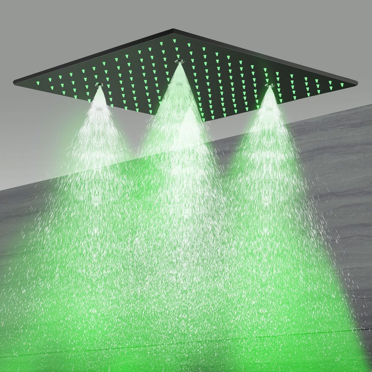 20 Inch LED Rainfall Mist Ceiling Mounted Matte Black 4-Way Thermostatic Shower System featuring 6 Body Jets. - wonderland shower inc