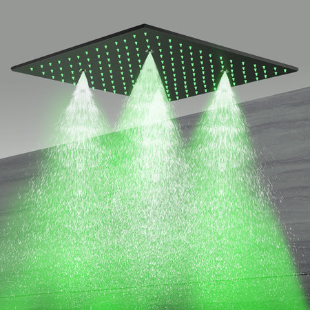 20 Inch LED Rainfall Mist Ceiling Mounted Matte Black 4-Way Thermostatic Shower System featuring 6 Body Jets. - wonderland shower inc