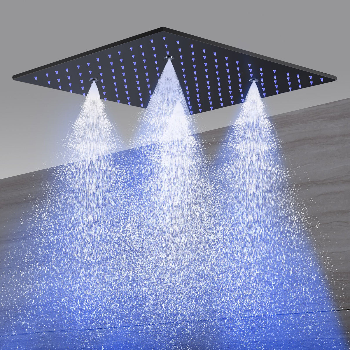 20 Inch LED Rainfall Mist Ceiling Mounted Matte Black 4-Way Thermostatic Shower System featuring 6 Body Jets. - wonderland shower inc
