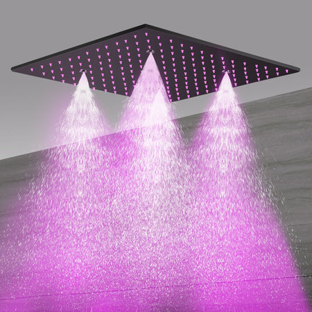 20 Inch LED Rainfall Mist Ceiling Mounted Matte Black 4-Way Thermostatic Shower System featuring 6 Body Jets. - wonderland shower inc