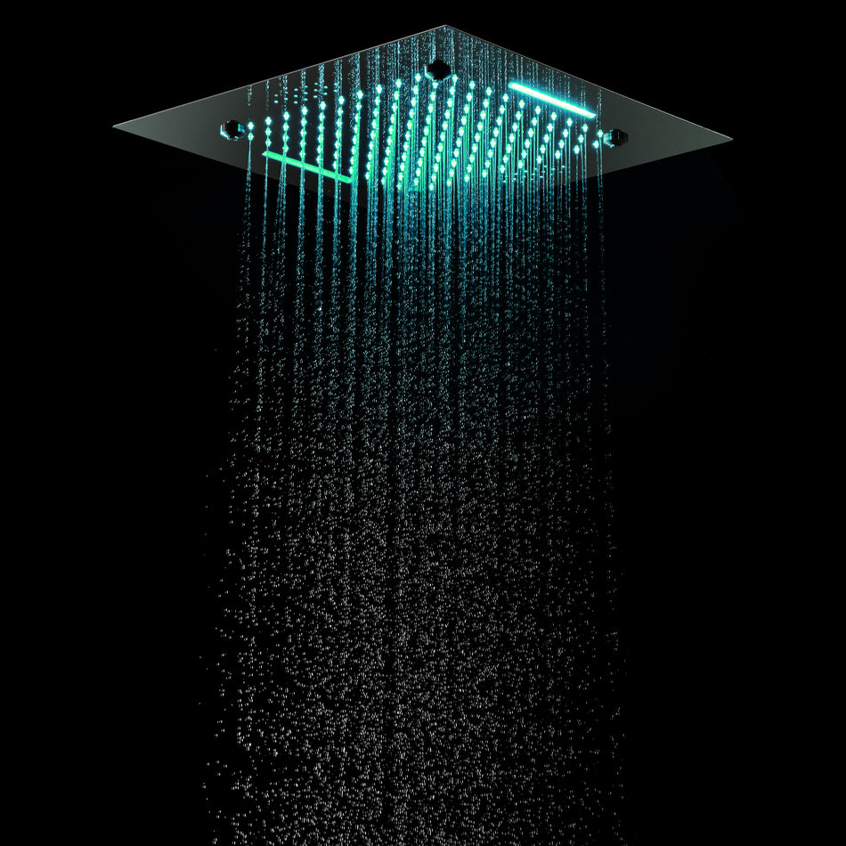 Bluetooth Music 64 LED colors 20inch chrome flushed on rainfall waterfall mist shower systems 5 way thermostatic valve with 6 body jets and touch panel