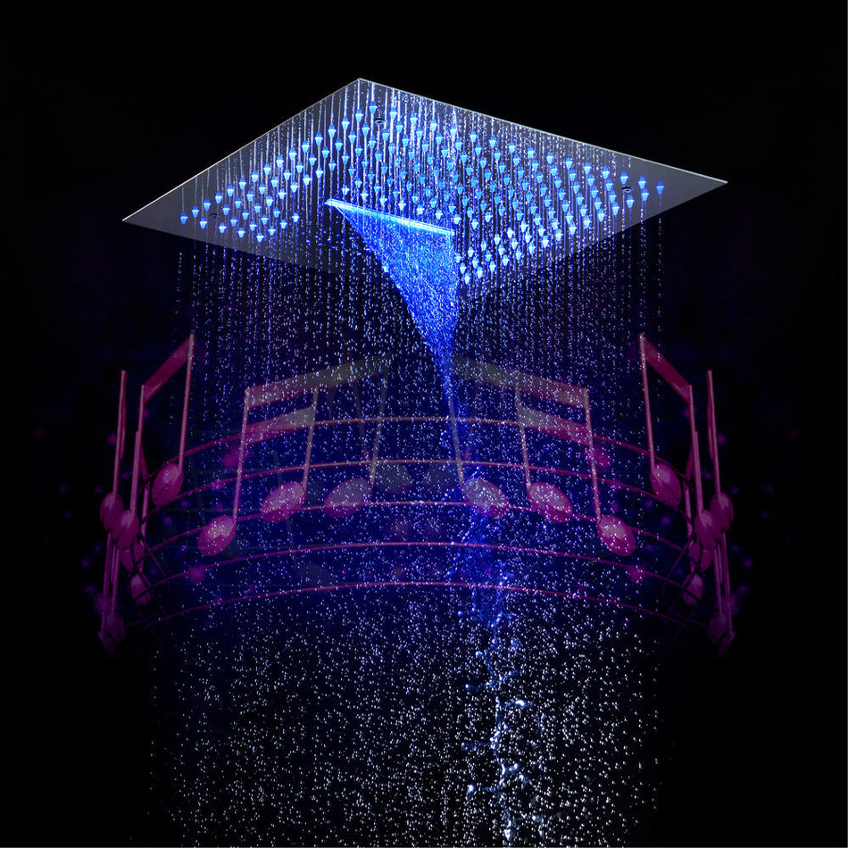 16-Inch Chrome Thermostatic Shower Faucet: Flush-Mounted, 3-Way Digital Control, 64-Color LED Lighting, Bluetooth Music