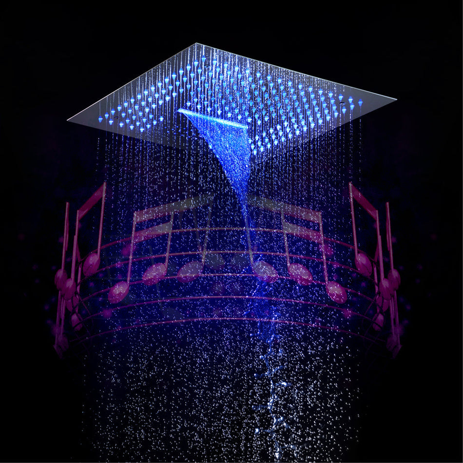 16-Inch Chrome Thermostatic Shower Faucet: 4-Way Control, Flush-Mounted, 64-Color LED Lighting, Bluetooth Music, with Regular Shower Head