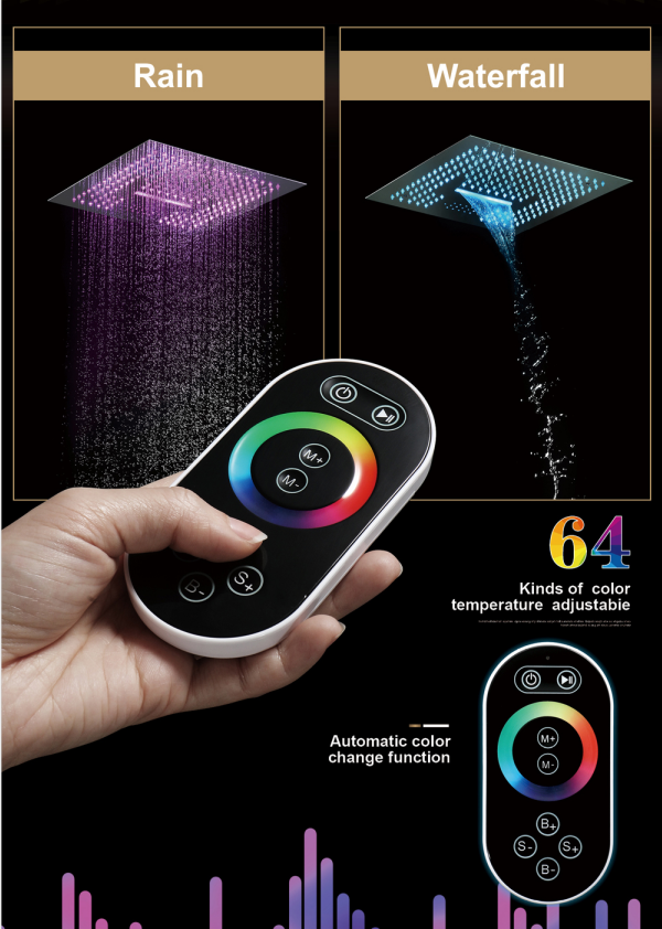 16-Inch Matte Black Flush-Mounted 3-Way Digital Thermostatic Shower Faucet with 64-LED Colors and Bluetooth Music Capabilities - wonderland shower inc