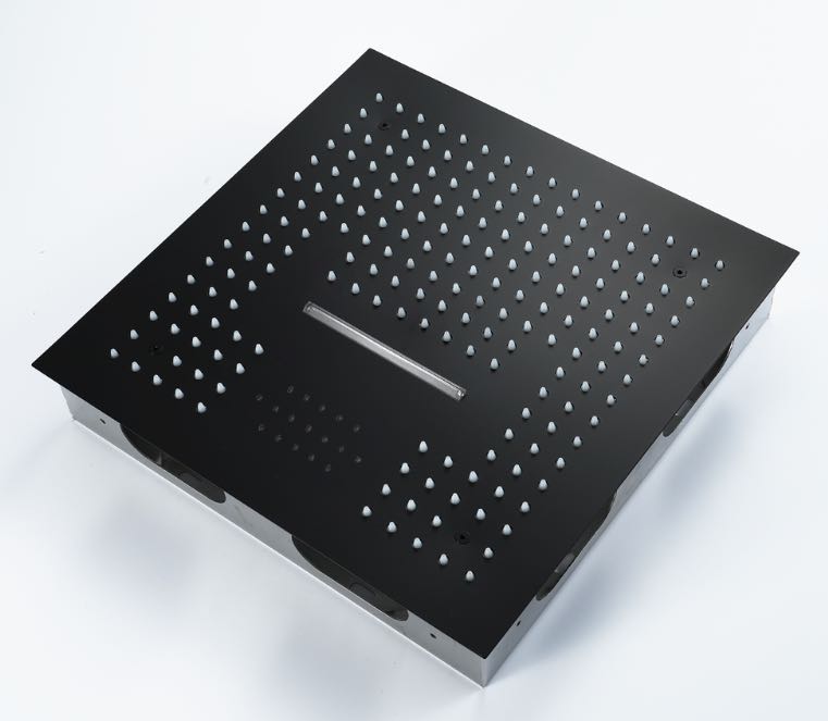 16-Inch Matte Black Thermostatic Shower Faucet: Flush-Mounted, 64-Color LED Lighting, Bluetooth Music, 4-Way Control, and 4-Inch Body Jet Features - wonderland shower inc