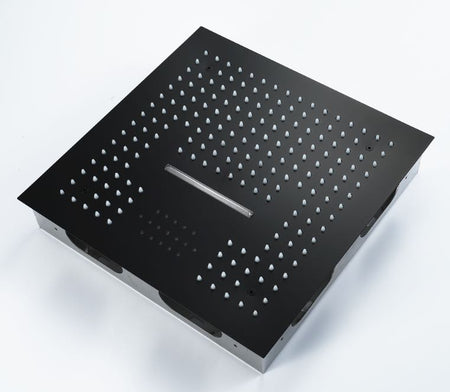 16-Inch Matte Black Thermostatic Shower Faucet: Flush-Mounted, 64-Color LED Lighting, Bluetooth Music, 4-Way Control, and 4-Inch Body Jet Features - wonderland shower inc