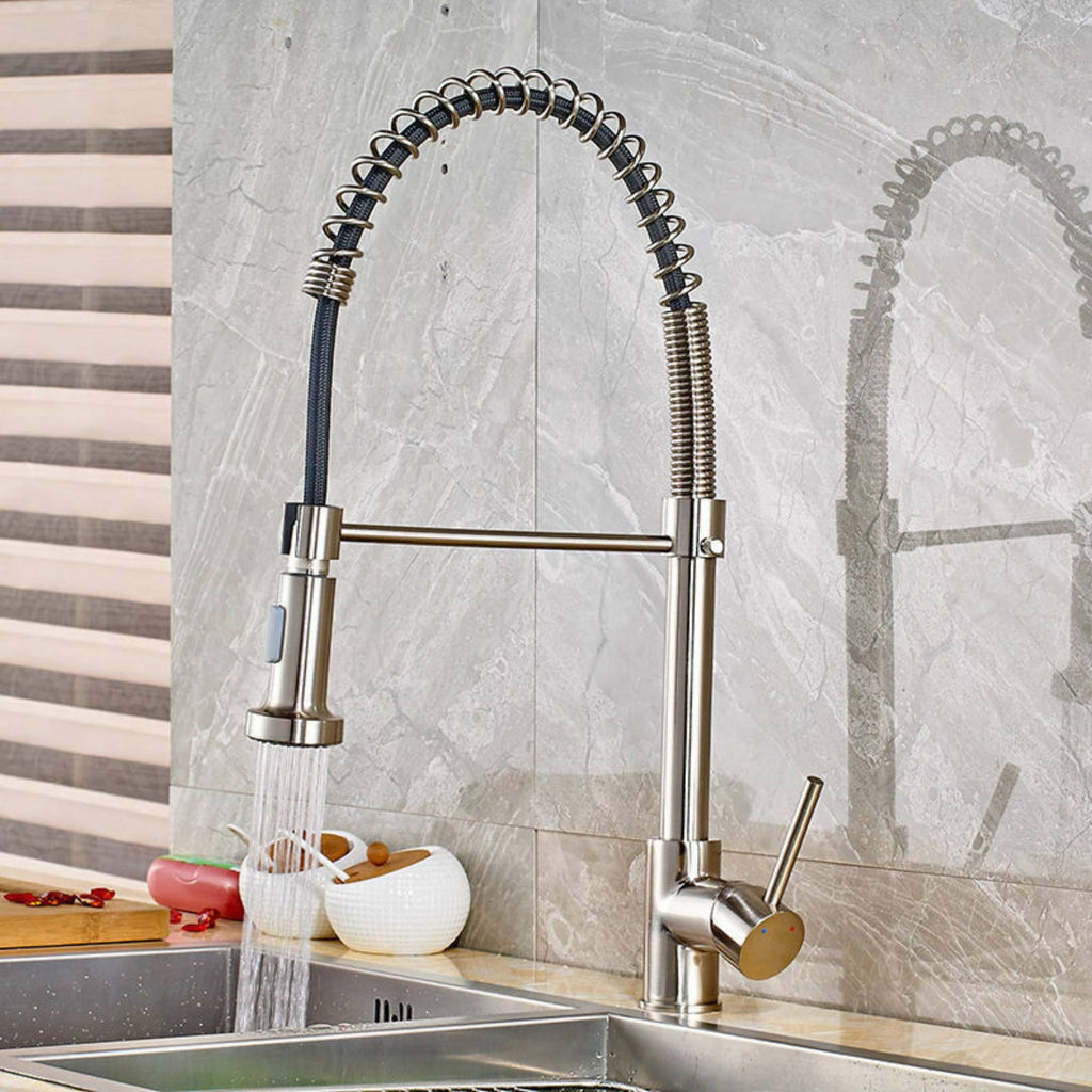 Brushed Nickel Pull Out Spray Spring Kitchen Sink Tap Single Lever Mixer Faucet - wonderland shower inc