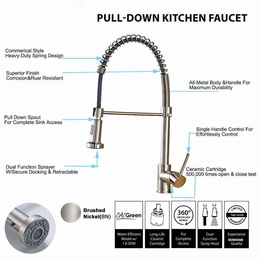 Brushed Nickel Pull Out Spray Spring Kitchen Sink Tap Single Lever Mixer Faucet - wonderland shower inc