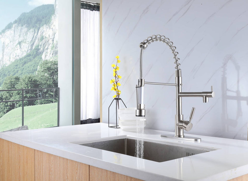 Brushed nickel High Arc brass Kitchen Sink Faucet Pull Down metal Spray with deck plate and lock ring - wonderland shower inc