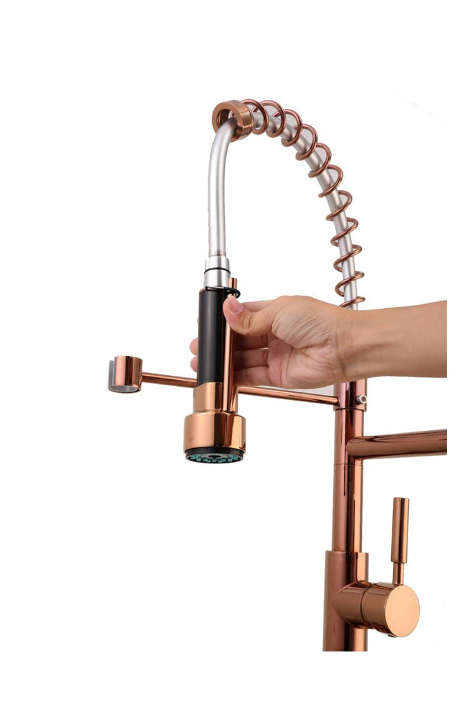 Rose Gold High Arc brass Kitchen Sink Faucet Pull Down Spray with lock ring and deck plate - wonderland shower inc