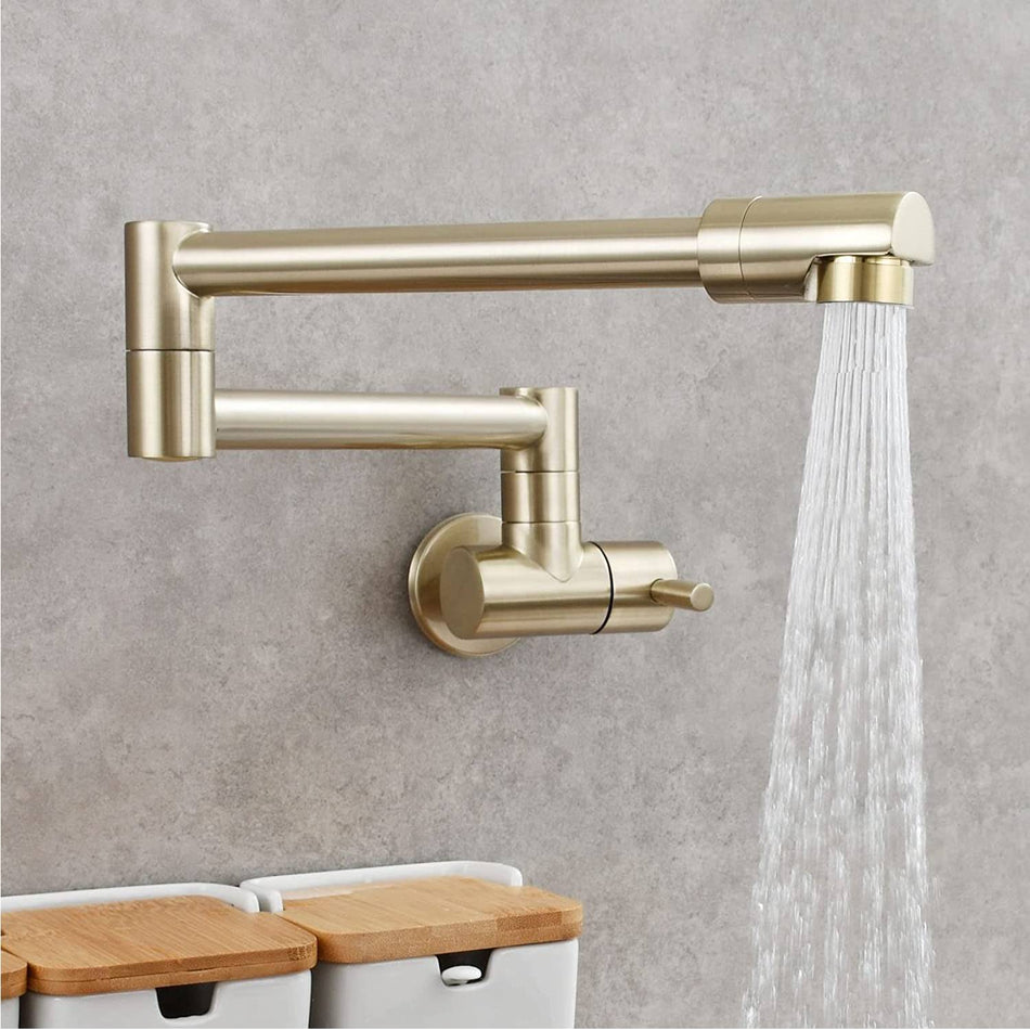 Brushed gold wall mount pot filler faucet solid brass folding kitchen faucet single hole two handls