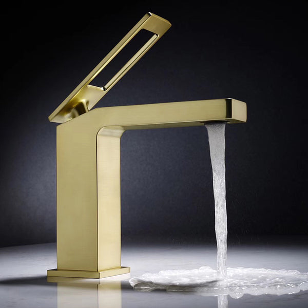Brushed Gold Bathroom Sink Faucet single handle with pop up overflow brass drain - wonderland shower inc