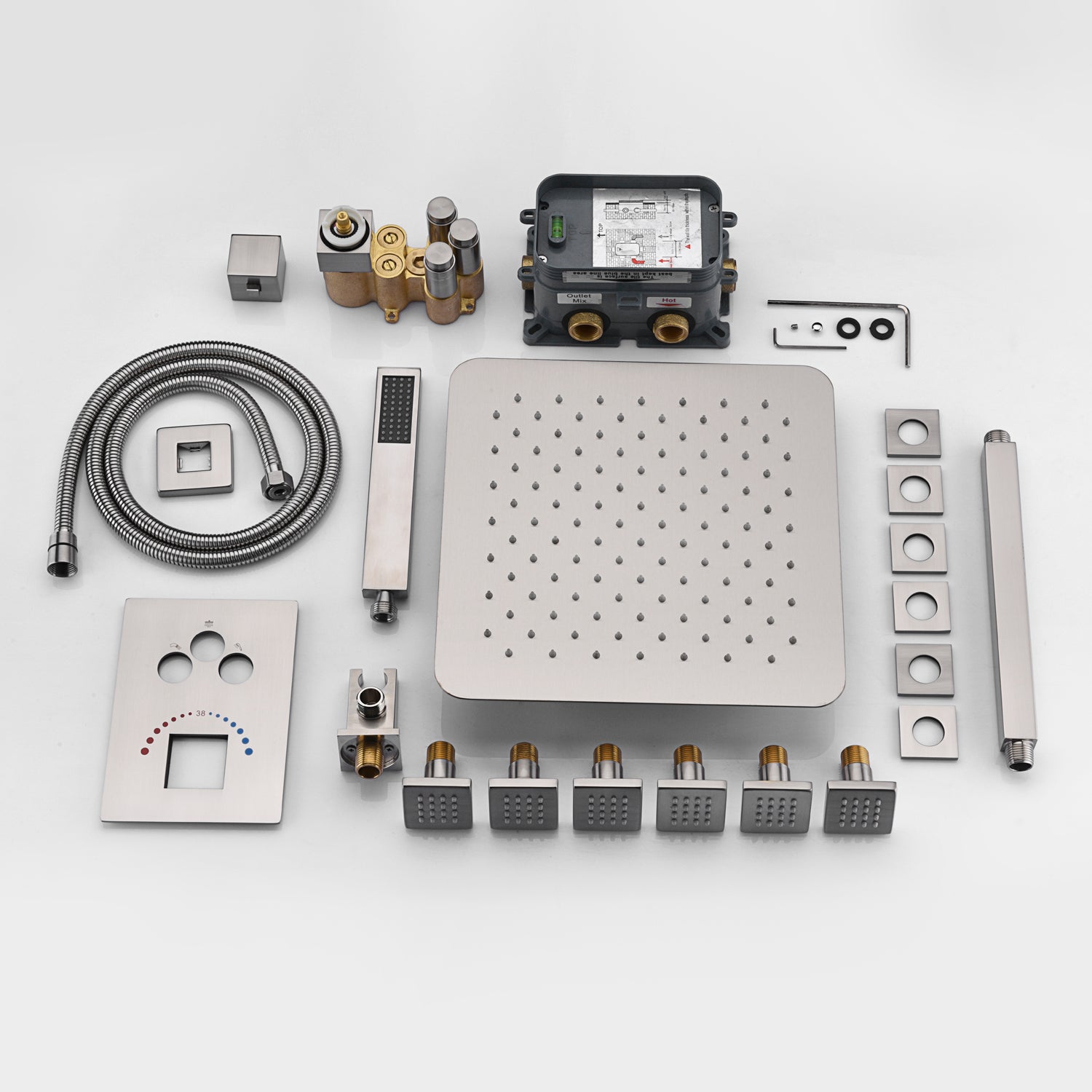 12 Inch or 16 Inch Ceiling Mounted Matte Brushed Nickel 3-Way Thermostatic Shower Faucet with 6 body jets- Simultaneous and Independent Functionality - wonderland shower inc