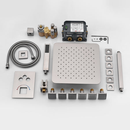 12 Inch or 16 Inch Ceiling Mounted Matte Brushed Nickel 3-Way Thermostatic Shower Faucet with 6 body jets- Simultaneous and Independent Functionality - wonderland shower inc