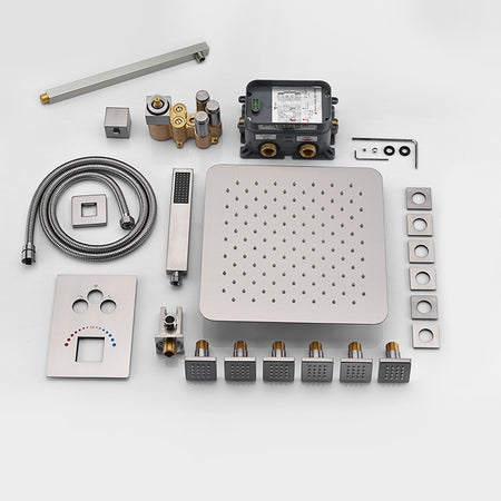 16inch Brushed Nickel Wall Mount 3 way Thermostatic valve that each function run all together and separately - wonderland shower inc