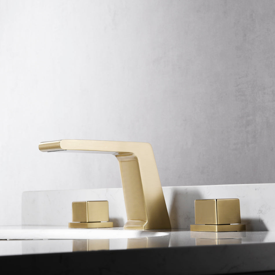 Brushed Gold Waterfall Bathroom Sink Faucet: Two Handles, 3-Hole Design, and Pop-Up Overflow Brass Drain - wonderland shower inc