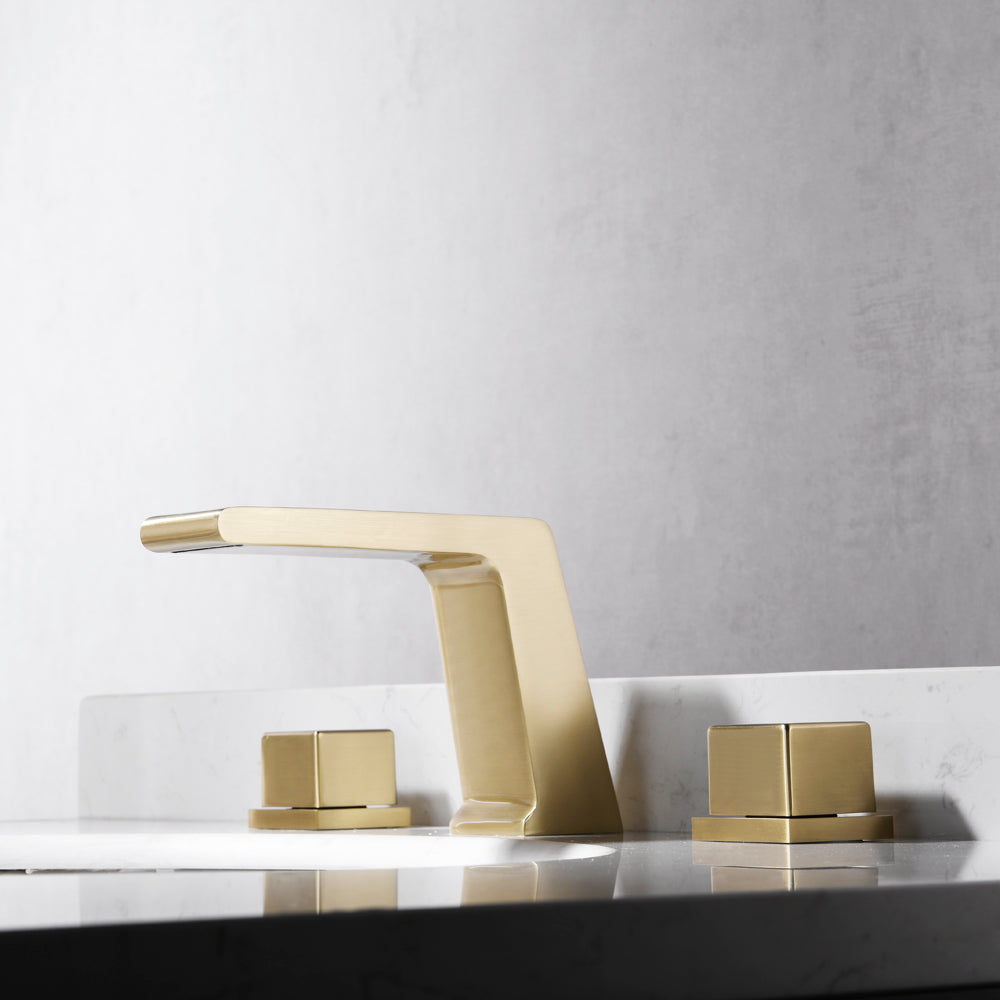 Brushed Gold Waterfall Bathroom Sink Faucet: Two Handles, 3-Hole Design, and Pop-Up Overflow Brass Drain - wonderland shower inc