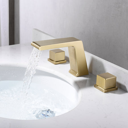 Brushed Gold Waterfall Bathroom Sink Faucet: Two Handles, 3-Hole Design, and Pop-Up Overflow Brass Drain - wonderland shower inc