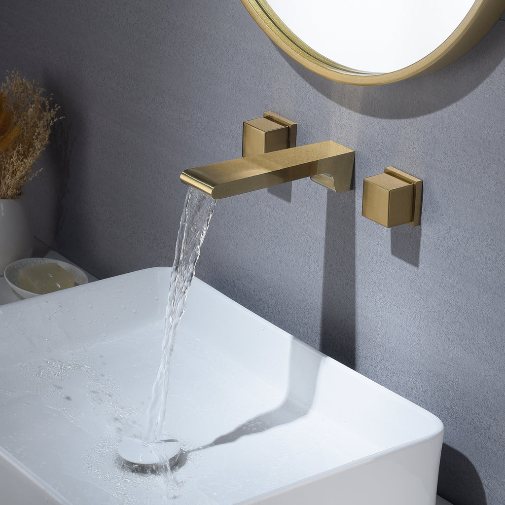 Brushed Gold waterfall Wall mount 3 holes two handles bathroom sink faucet with brass pop up overflow drain - wonderland shower inc