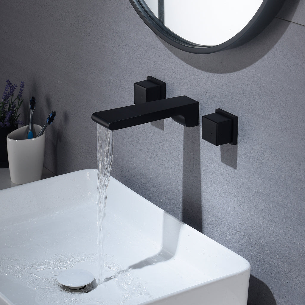 matte black waterfall wall mount bathroom sink faucet with overflow brass pop up drain - wonderland shower inc