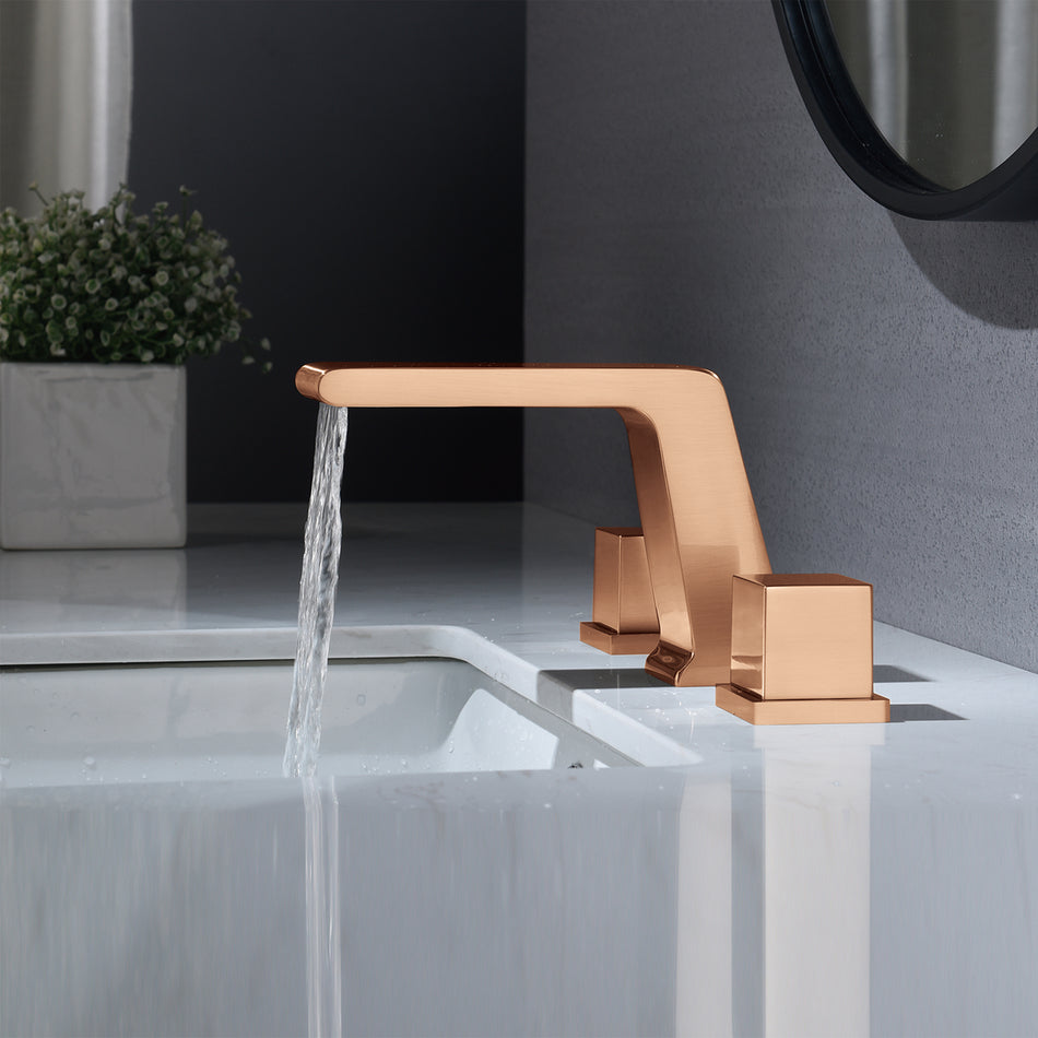 Widespread Rose Gold Waterfall 3 Holes 2 Handles Deck Mount Bathroom Sink Faucet with Overflow Brass Pop-Up Drain
